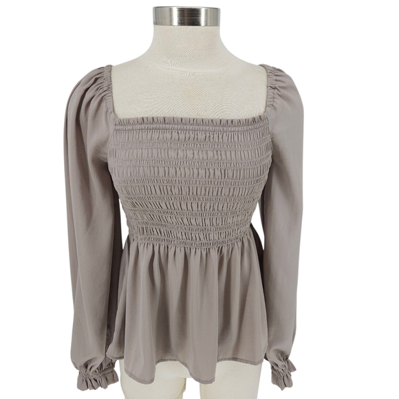 GAP Tops - GAP Peplum Top Taupe Long Sleeve Smocked Square Neck Peasant Shirt Small